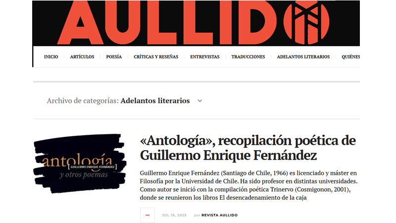 Revista «Aullido» publicó reseña de «Antología y otros poemas», obra del académico centralino Guillermo Enrique Fernández